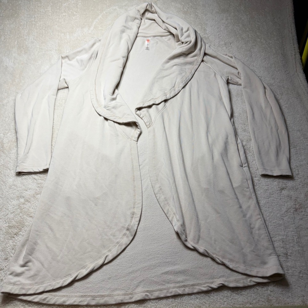 Mono B Shawl Collar Open Front Cardigan Sweater Beige Lounge Layering Large Cozy